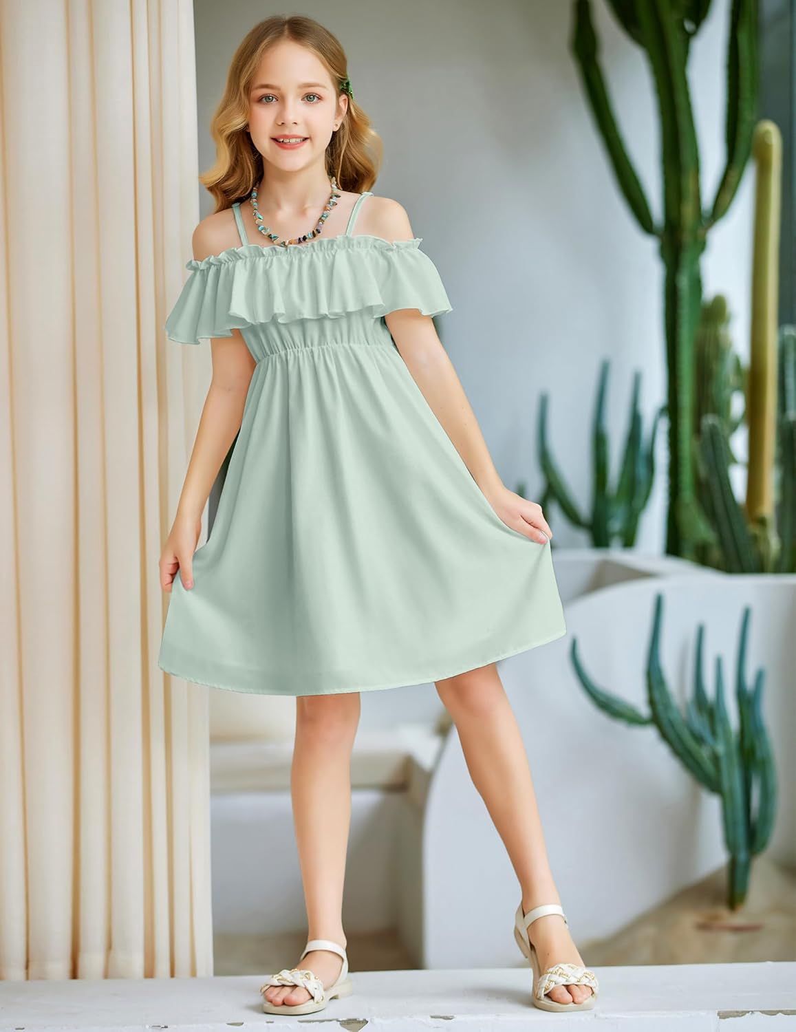 Arshiner Girls Summer Floral Ruffle Sundress Cold Shoulder Casual Holiday Dresses - Image 7