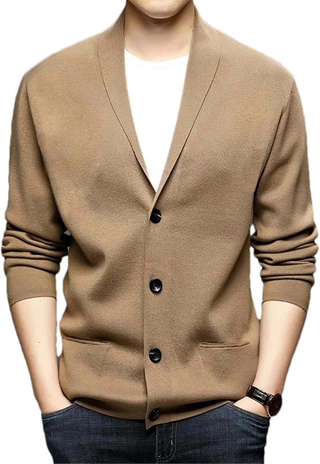 Korean Men's Cardigan Sweater Black Long Sleeve V-Neck Casual Knit Top Comfortable Knitwear Daily Wear