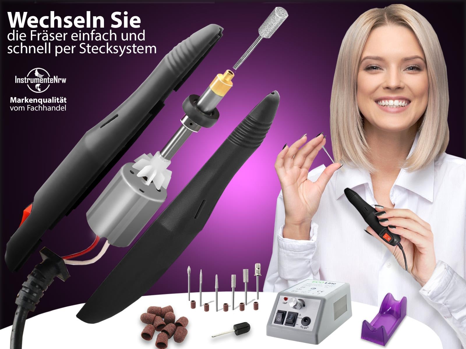 InstrumenteNrw Fußpflegegerät Hornhautentferner Spezial Fußpflege Set | Elektrische Pediküre mit 10 Nagelfräser Schleifkappen inkl. Kappenträger und Diamantschleifer zur Hornhautentfernung