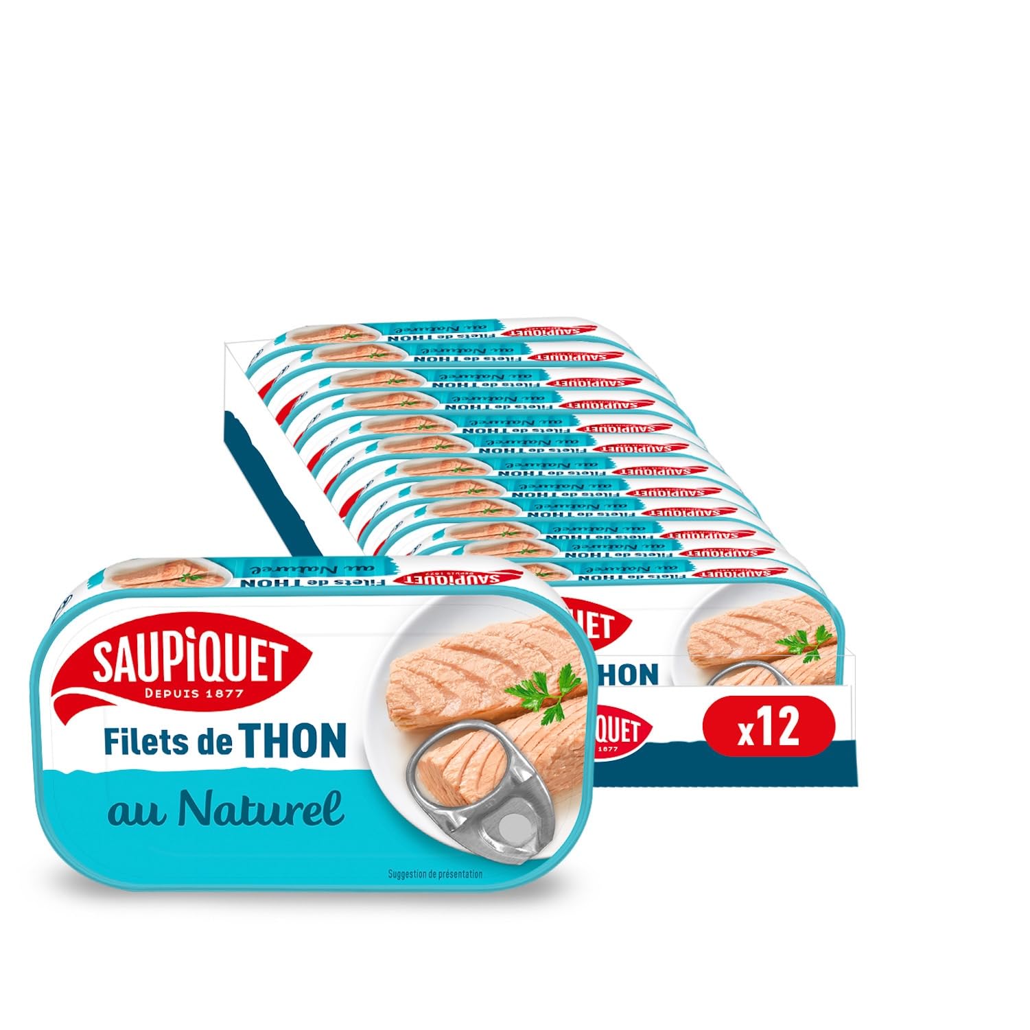 SAUPIQUET - Filets de Thon au Naturel - Découpés à la Main - Issus d'une Pêche Traçabilité Garantie - 12 Conserves (115 g)