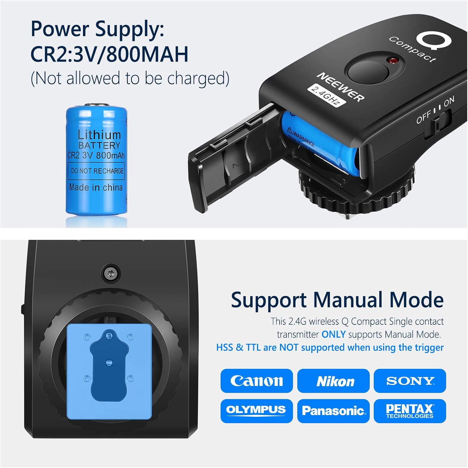 Image showing battery compartment and CR2 battery for Neewer Q Compact Transmitter