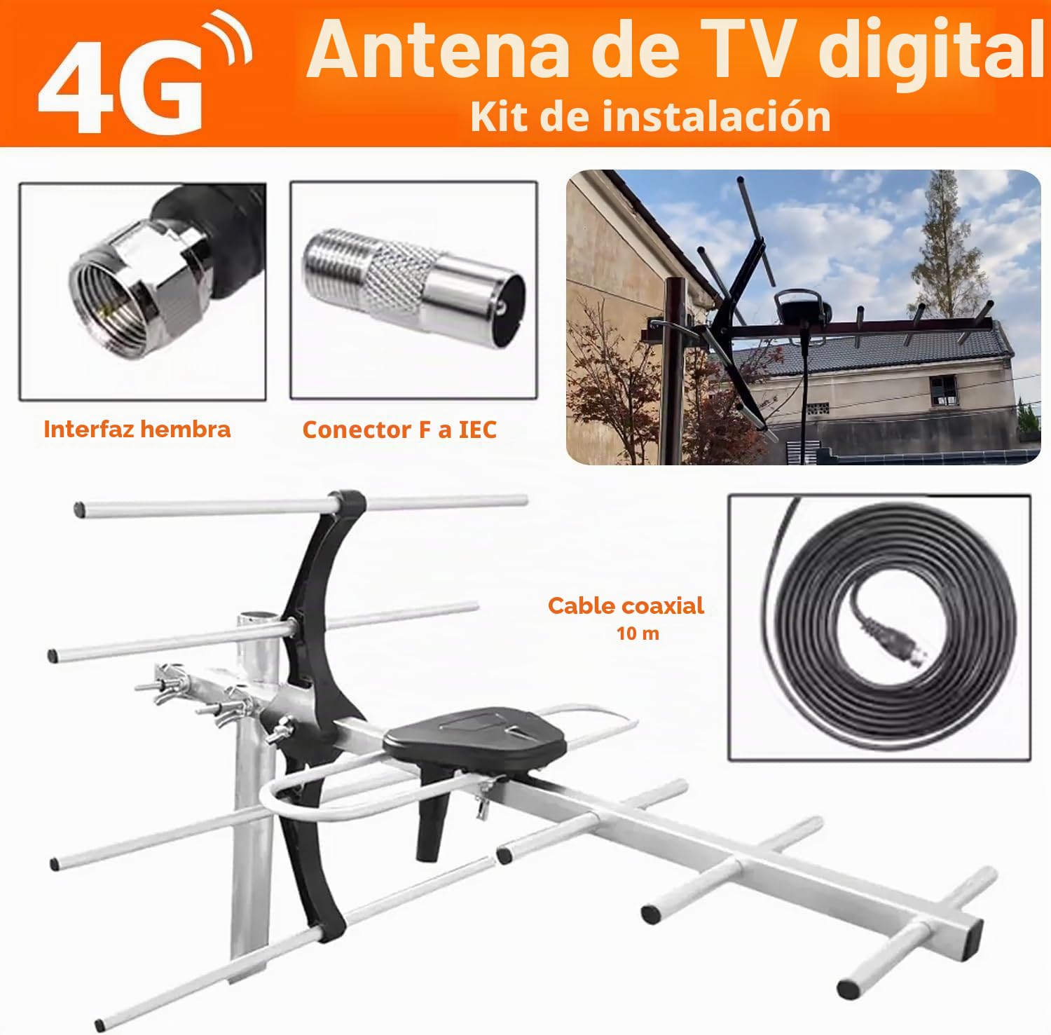 Kit de instalación de antena de TV digital 4G para exteriores, antena de techo para TV digital Smart Freeview HD al aire libre + conector coaxial macho hembra de 10 m RG6 tornillos de fijación de