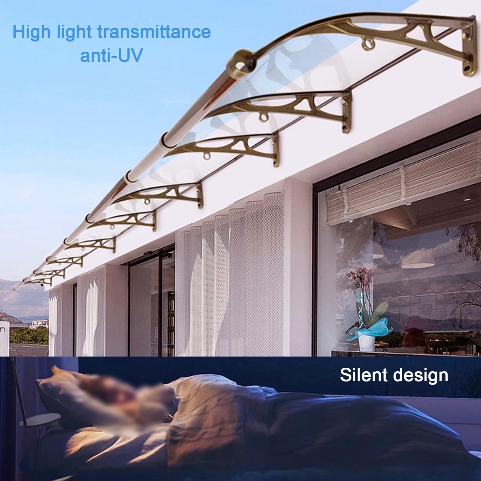 Toldo para puerta exterior, protección UV, cubierta de policarbonato, resistente a la corrosión, soporte de aluminio, protector de lluvia para puertas delanteras, 100 x 380 cm, refugio resistente a la
