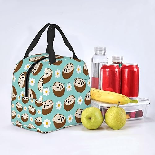 Miniatura 7 de Bolsa de almuerzo con bonito patrón con erizos y flores en una lonchera aislada azul para regreso a clases, bolsas reutilizables para comidas,