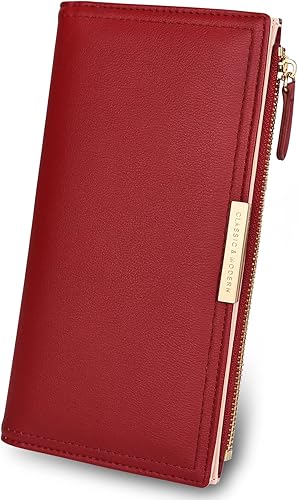 Mokoze Cartera de cuero para mujer, con cierre magnético, doble pliegue, para regalo, vida diaria, viajes y ocasiones de negocios, Rojo -, Moderno