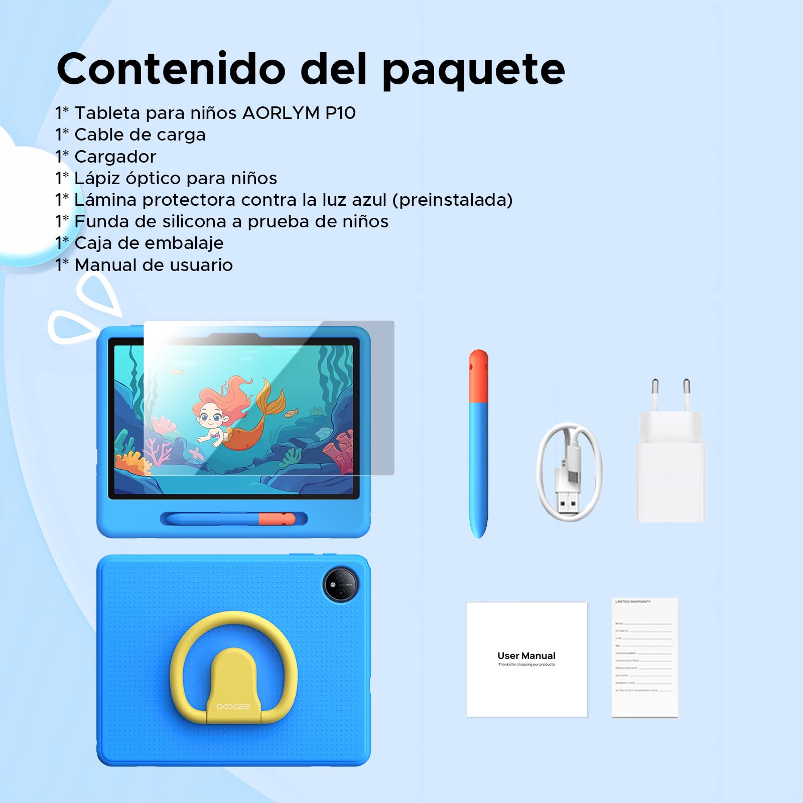 P10 Kid Tablet para Niños 10 pulgada, Tableta Infantil Android 16 Con Gemini AI, 90Hz, 32GB RAM+64GB ROM, 7000mAH, 5G WiFi, Face ID, OTG, GPS, Tablets con lapiz, Tablet para niños de 7 a 10 años, Azul
