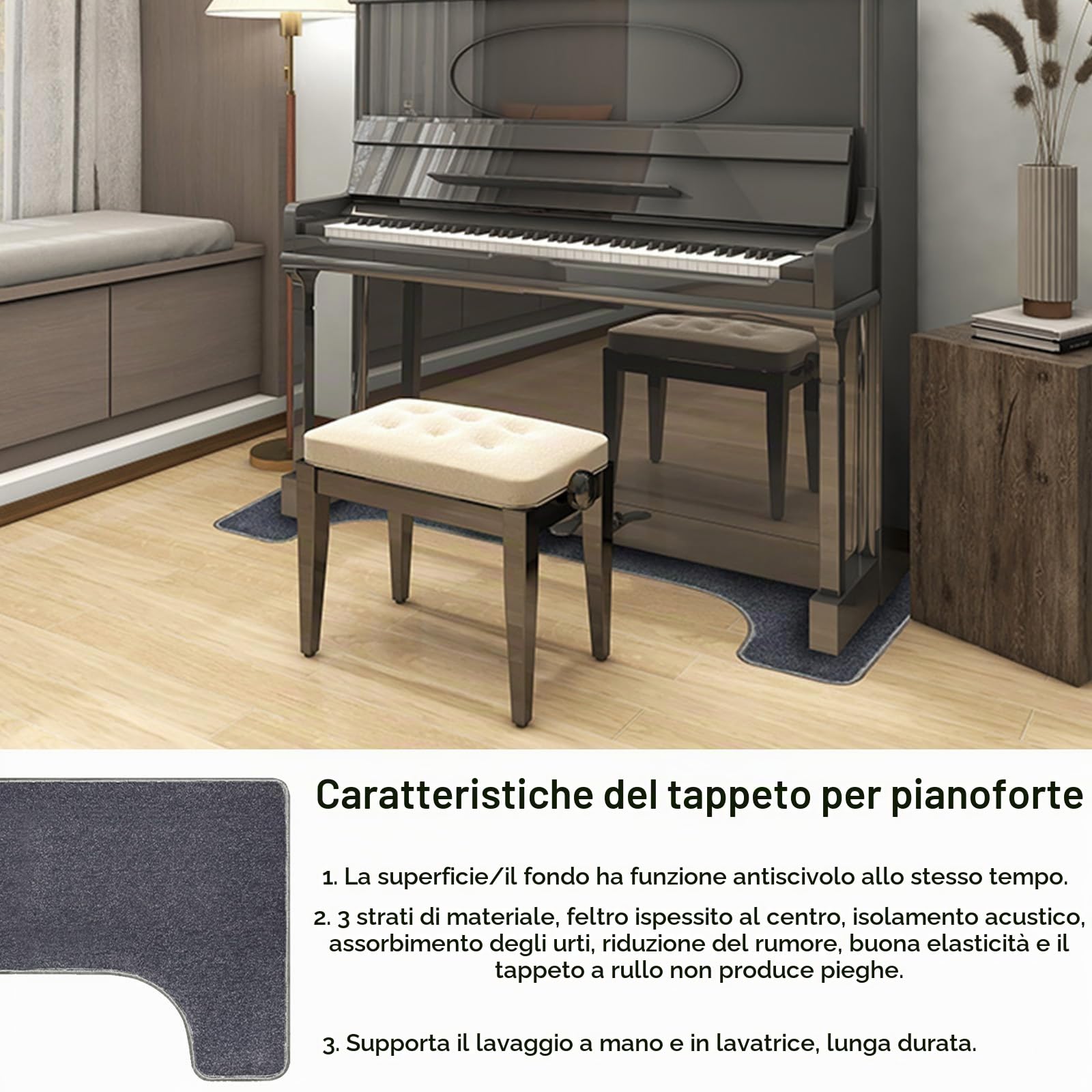 Tappeto per Pianoforte, Tappeto per Isolamento Acustico 160 x 70 cm Tappetino Antiscivolo Tappetino per Protezione del Pavimento del Pianoforte Tappetino Antivibrante per Isolamento Acustico Grigio