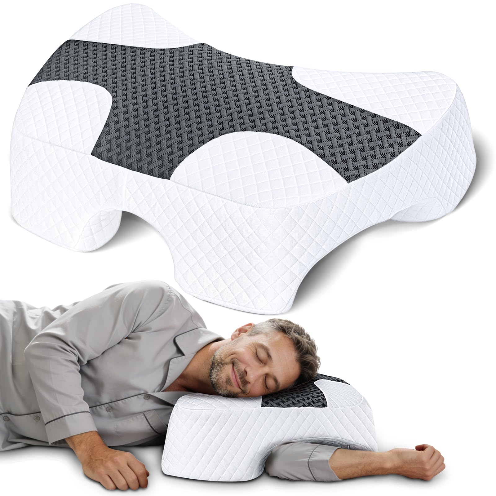 SAHEYER Seitenschläferkissen mit Armloch, Orthopädisches Nackenkissen Kopfkissen, Memory Foam Kissen mit Vier verstellbaren Armauflagen für Seiten-, Rücken- oder Bauchschläfer
