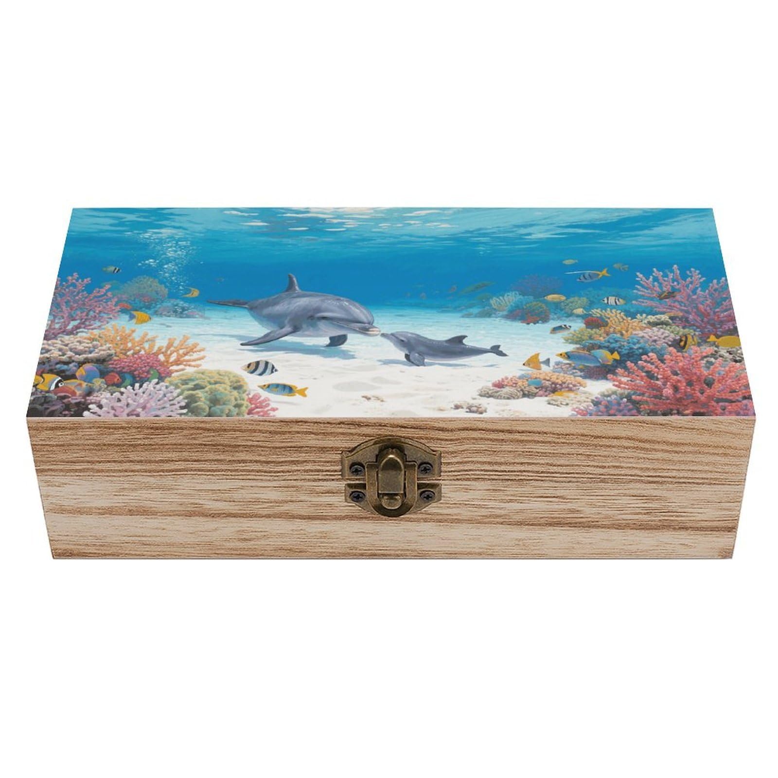 VstaDank Dolphin Wooden Storage Box Vintage Style Wooden Storage Case with A Hinged Lid Memory Treasure Boxes Decorative Jewelny Photos for Organizer 7.9 * 3.7 * 2.3 Inch