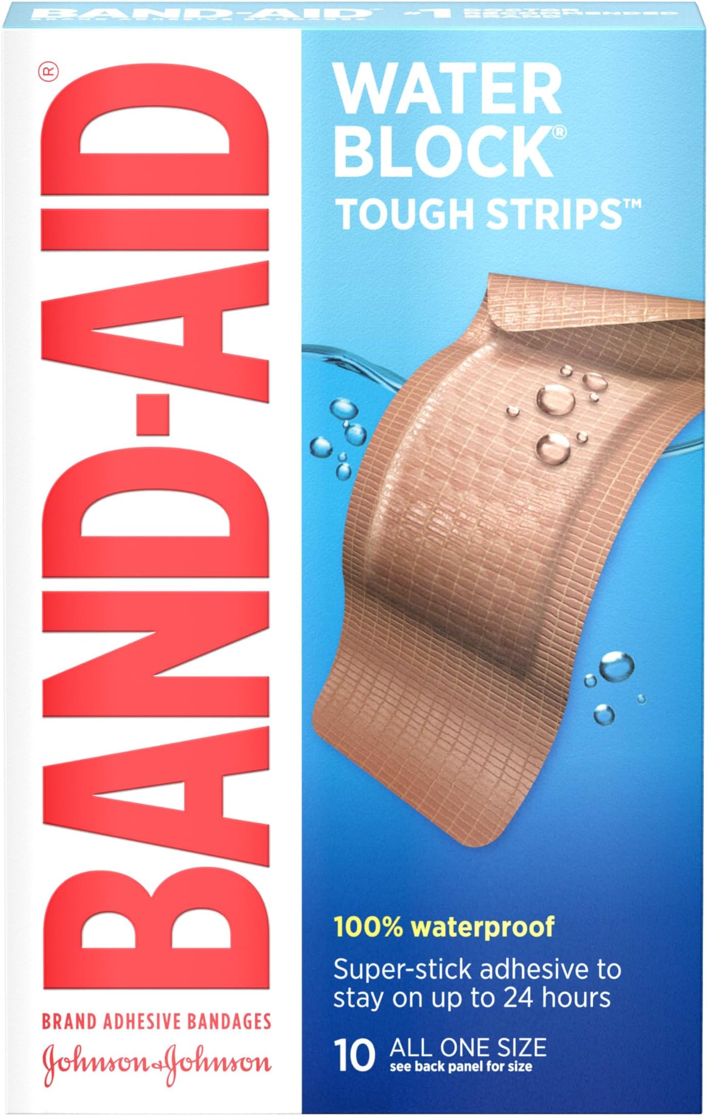BAND-AID Brand Water Block Tough Adhesive Bandages, Extra Large, 10 Count | Durable Waterproof Protection, Sterile Wound Care for Minor Cuts, Scrapes & Burns, First Aid Kit Essential, Heavy-Duty Fabric