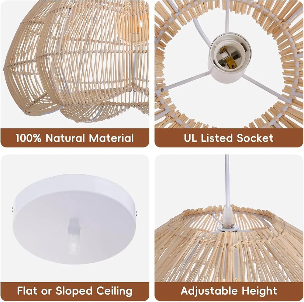 Żyrandol Rattanowy 19,69 Cala, Lampa Wisząca Z Ręcznie Tkanej Wikliny W Stylu Boho, Oświetlenie Wiszące W Stylu Vintage, Do Wyspy Kuchennej, Jadalni, Przedpokoju, Sypialni I Salonu