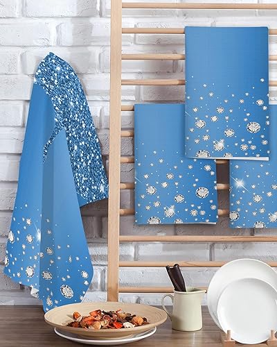 Miniatura 2 de Juego de 2 toallas de cocina de tejido de punto gofre de algodón, textura de gota azul diamante brillante, 16 x 24 pulgadas, absorbentes, de secado