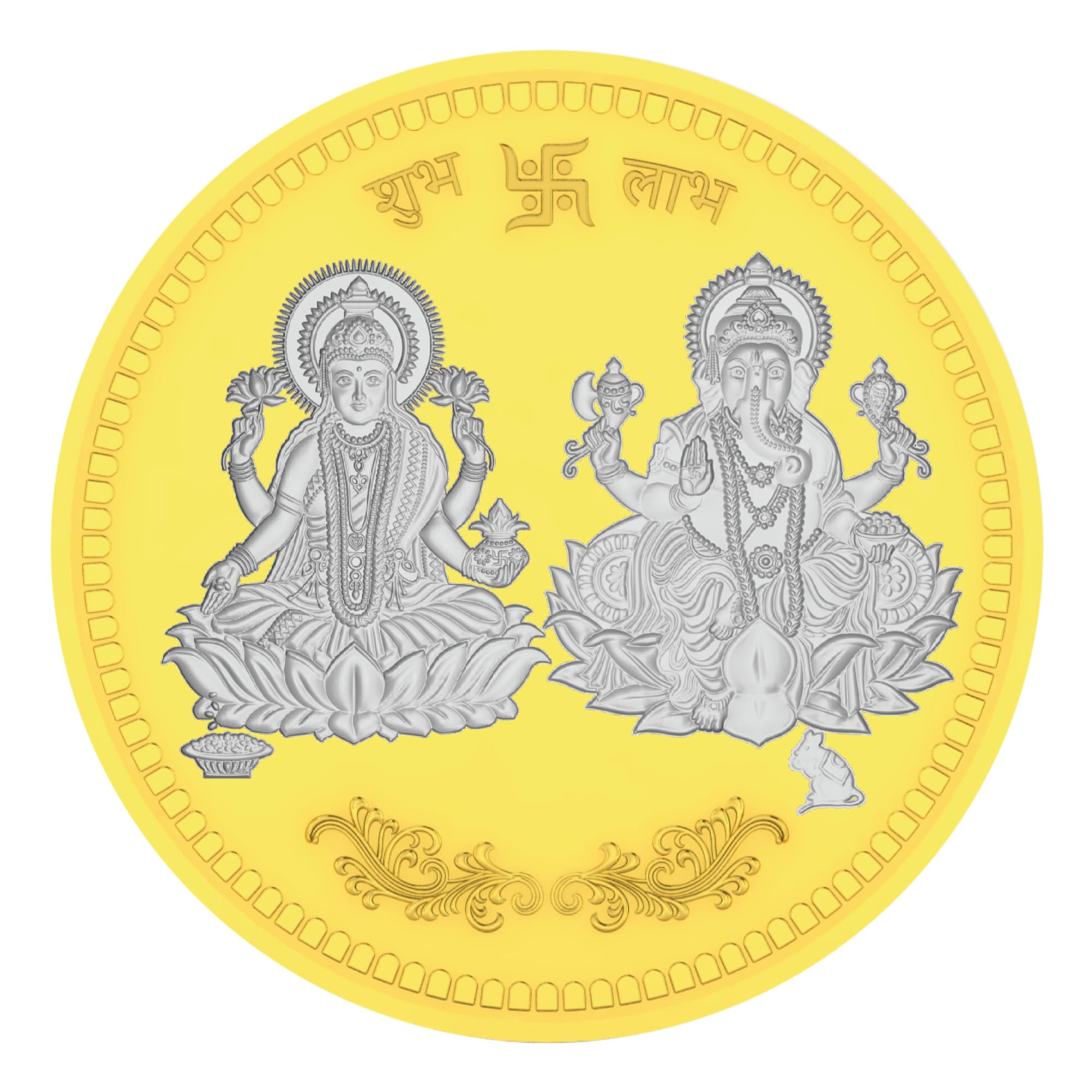Laxmi Ganesh Ji Yellow Plated 50 Gram BIS Hallmarked 999 Purity Silver Coin