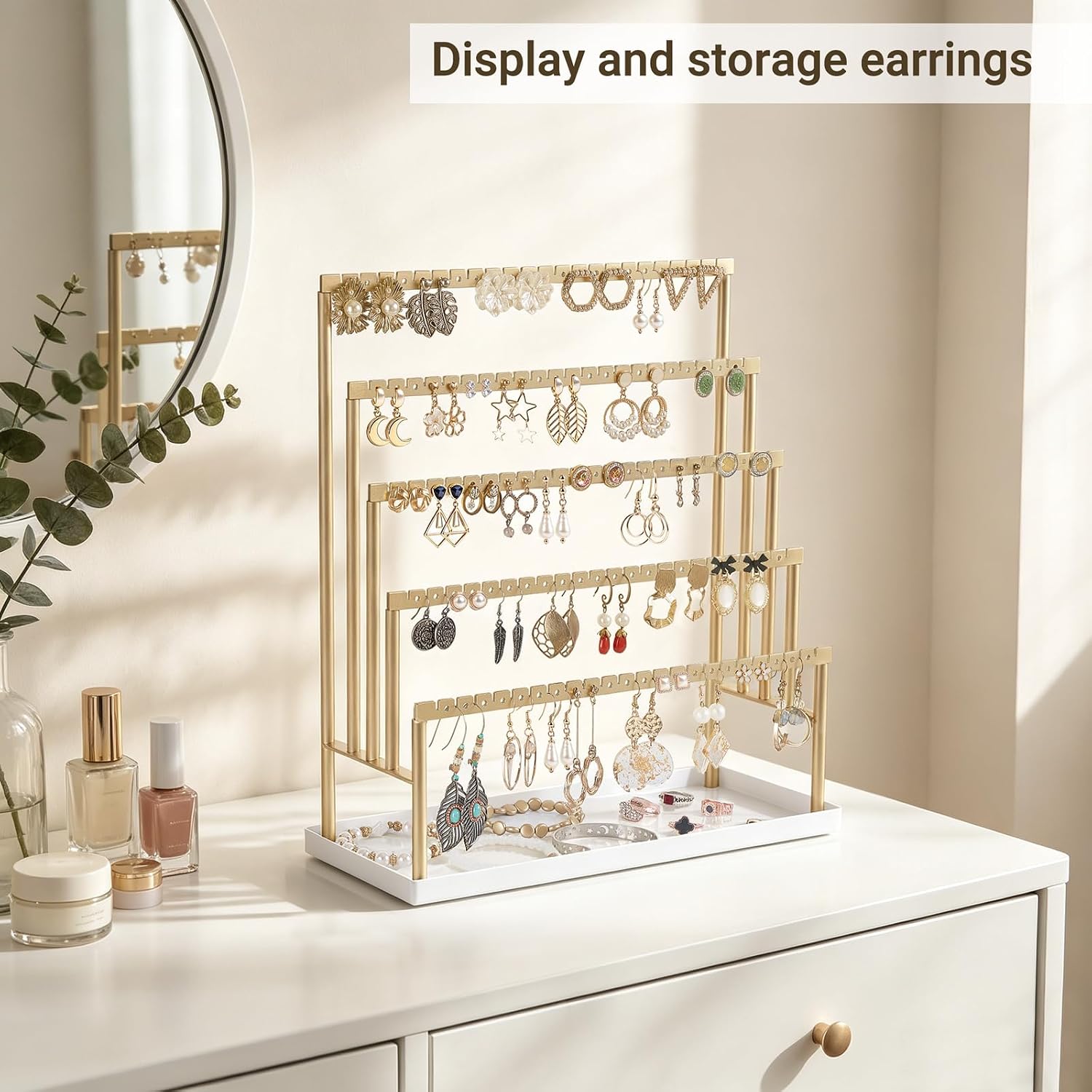 Mkono 5-Tier Earring Holder Organizer Metal Jewelry Display Stand with Tray Storage Rack for Hanging 112 Pairs of Stud Earrings Rings Home Room Dressing Table Deocr Gift for Women,Gold