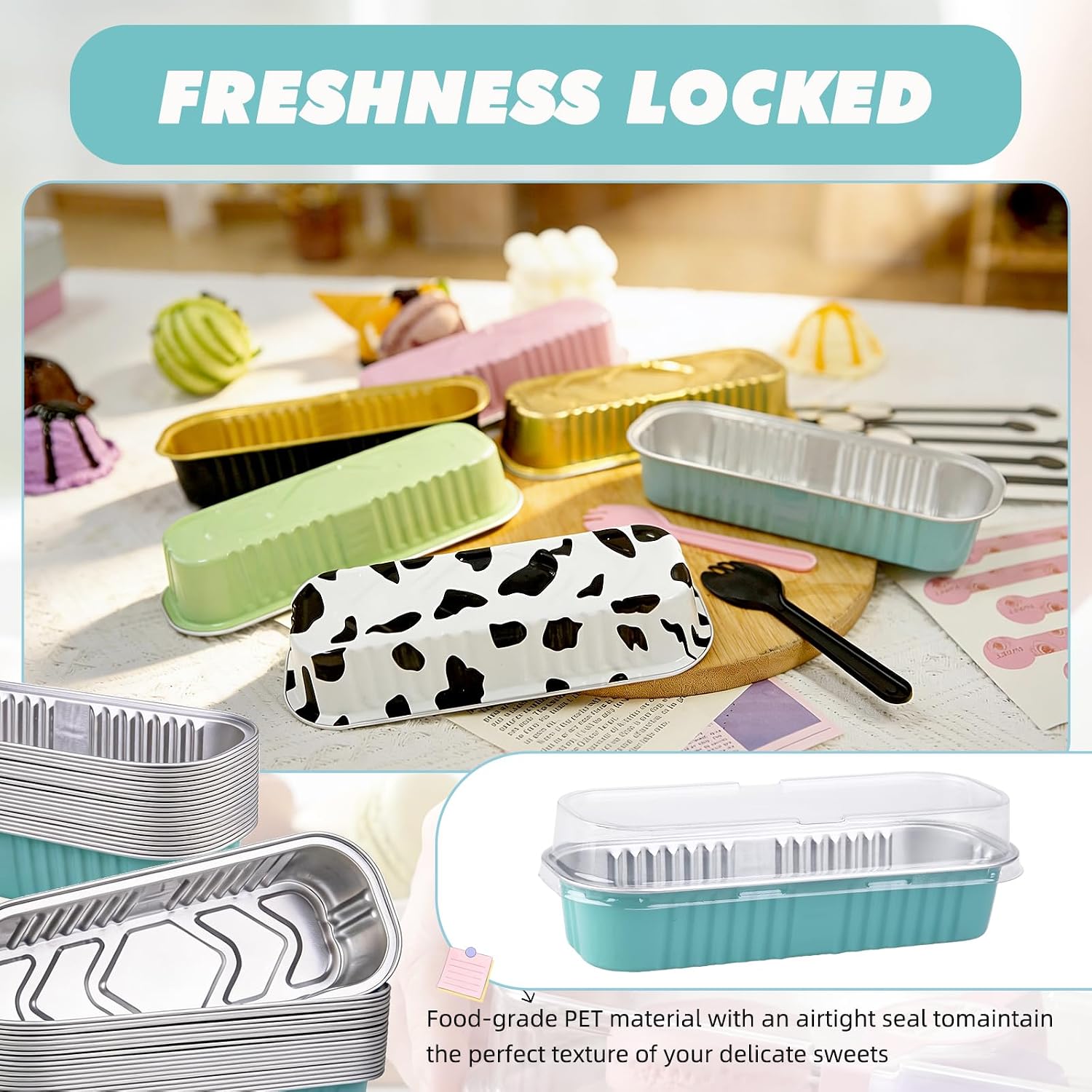 24 Pack Mini Loaf Pans, 7.5oz Mini Cake Pan & Mini Cupcake Pan Set – Disposable Aluminum Baking Pans with Lids, Spoons & Stickers, Premium Sturdy Gift Set for Cakes, Cupcakes, Desserts & Party Treats