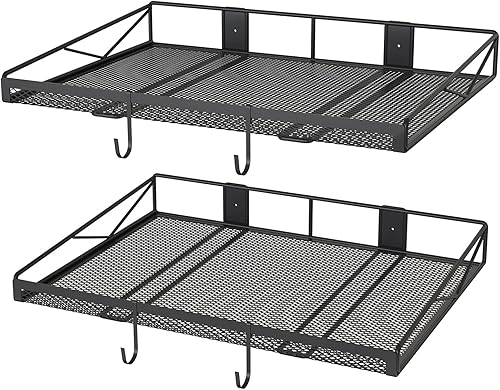 Miniatura 10 de Paquete de 4 estantes de pared de garaje, estantes flotantes resistentes con 8 ganchos, cargas de 180 libras, estantes de pared negros de malla para