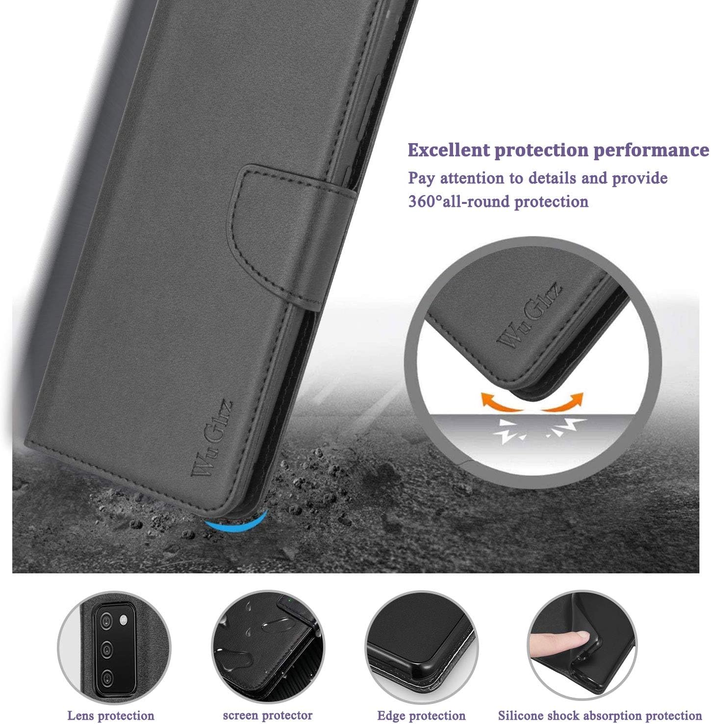WuGlrz Case for Samsung Galaxy A02s with 2 Packs Tempered Glass Screen Protector, Luxury PU Leather Wallet Case with Card Holder Lanyard Magnetic Flip Protective Cover