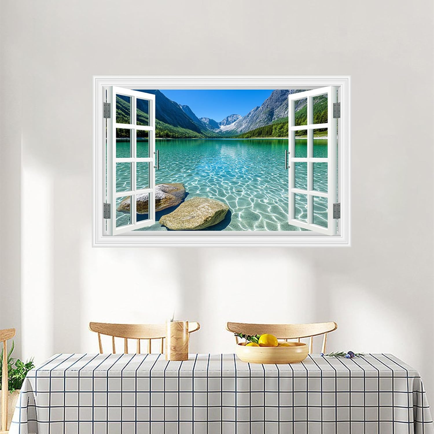 Fake Window Wall Decals - Summer Mountain Lake Scene Faux Window Wall Art Poster Picture Sticker for Home Office Landscape Decor, Peel and Stick Natural Scenery Mural,48"x32",Set of 2 Sheets