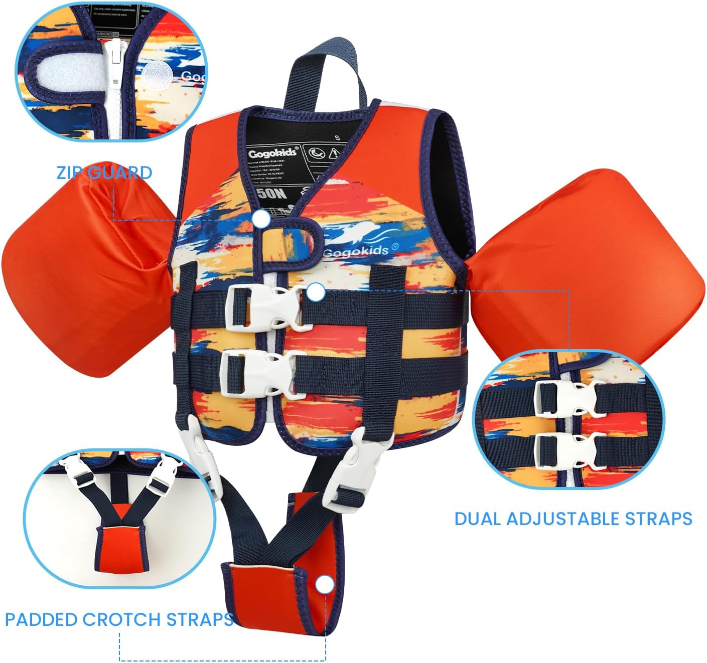 Gogokids Toddler Swim Vest for Kids 33-66 Pounds, Toddler Floaties Water Wing Arm Float, Swim Jacket with Adjustable Safety Strap for 2 3 4 5 6 Years Old Girls and Boys in Pool/Puddle