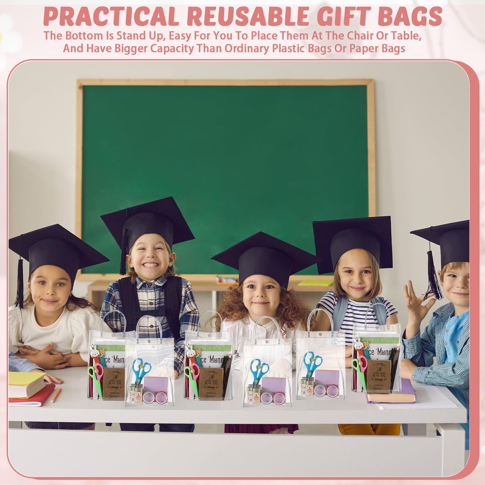 LEIFIDE 50pcs Clear Plastic Gift Bags with Handles PVC Reusable Transparent Totes Bags for Goodie Candy School Birthday Party(7.1 x 9.4 x 3.1 Inch)