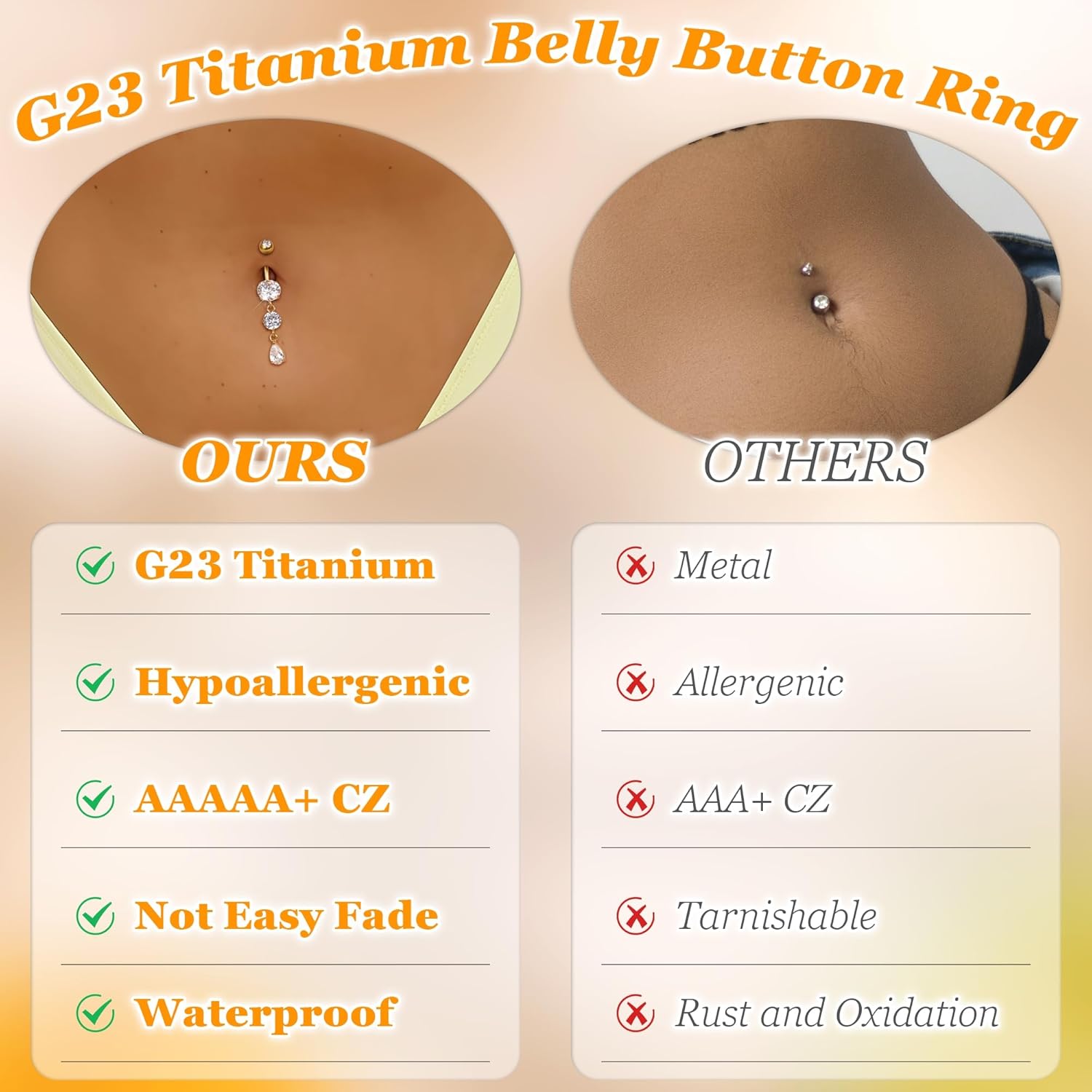 14G G23 Titanium Dangle Belly Button Ring for Women Dangling Navel Rings Hypoallergenic Teardrop Shiny CZ Belly Ring Internally Threaded Navel Piercing Jewelry - Image 6