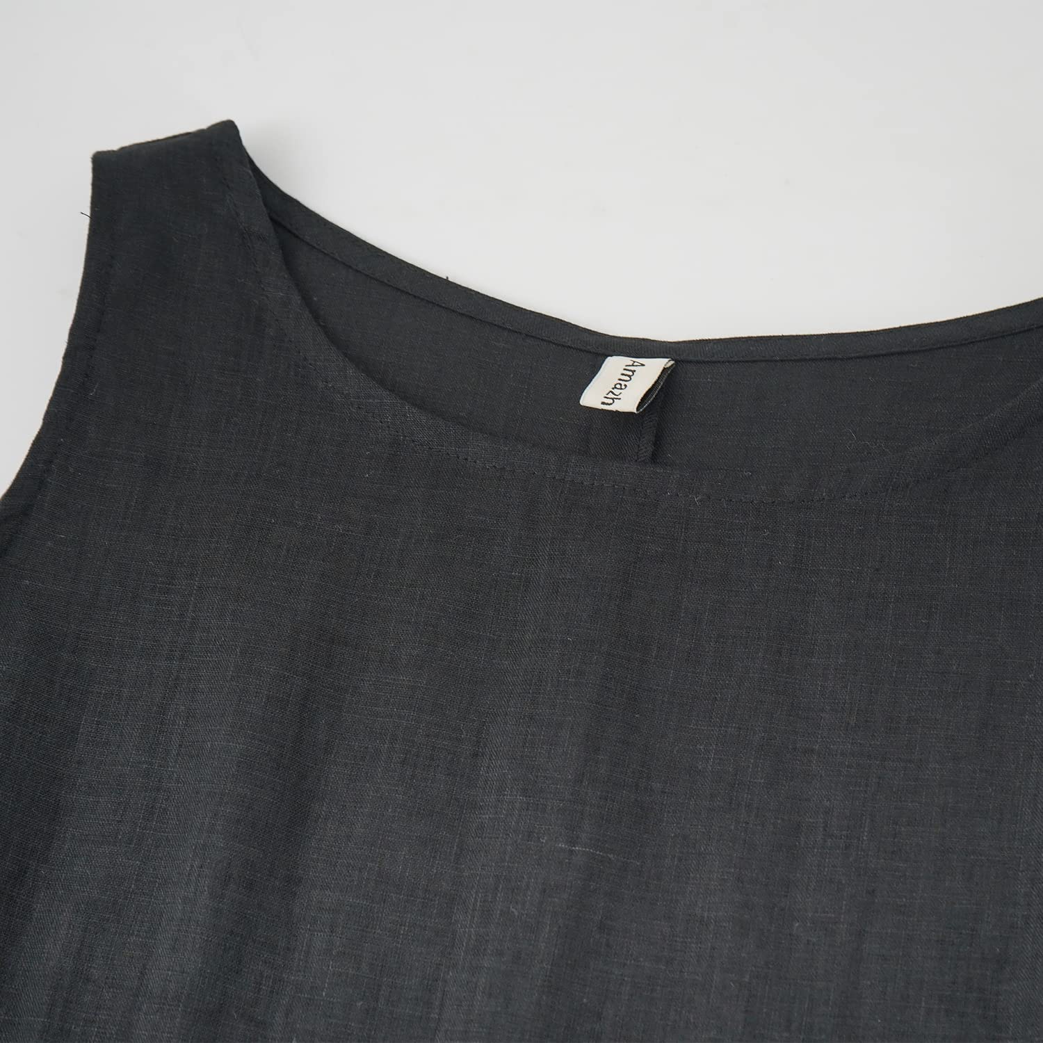 Amazhiyu Camiseta sin mangas de lino 100 % para mujer, blusa casual de verano con cuello redondo