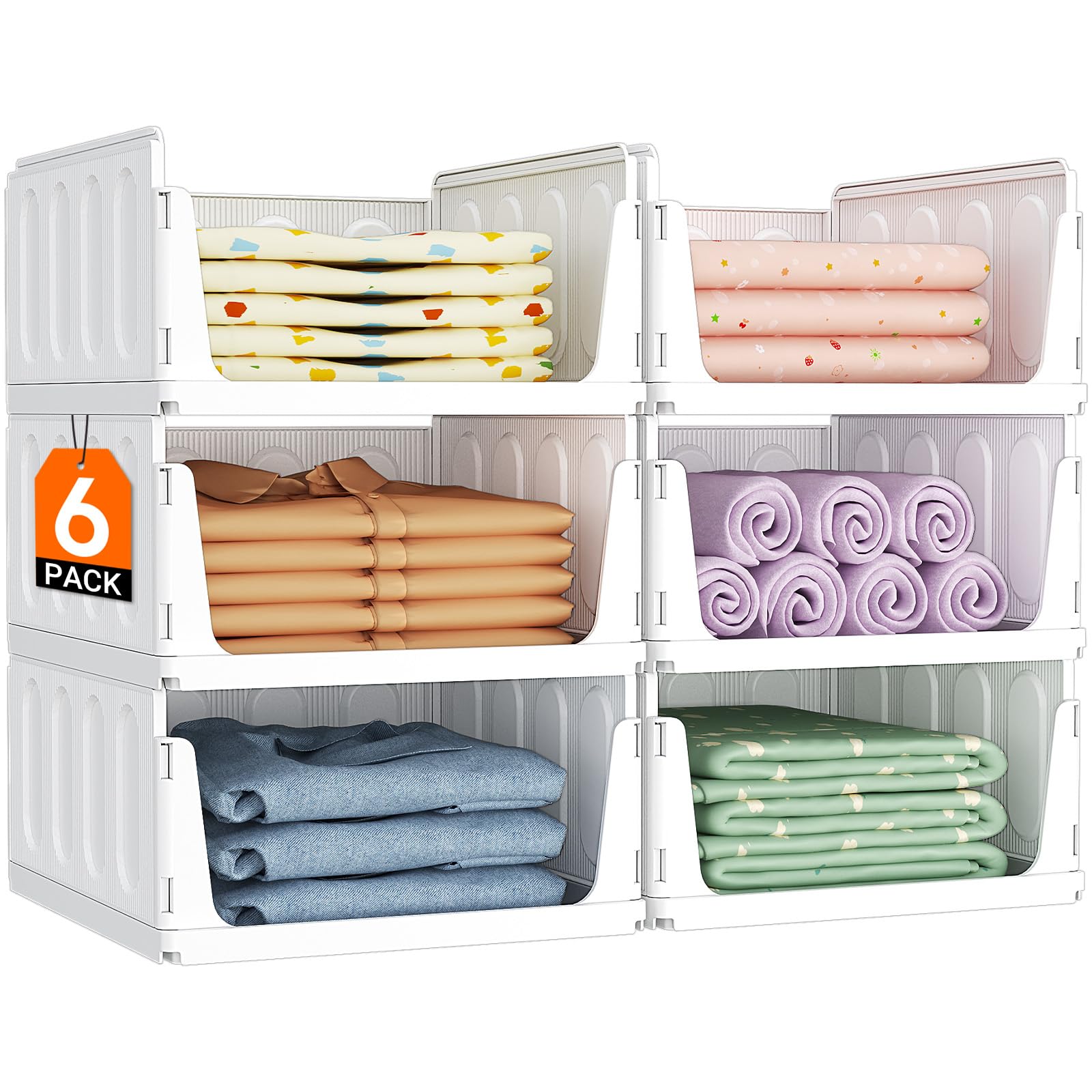 Lifewit Boîtes de Rangement pour Vêtements, Organisateur de Penderies Empilables, Blanc Bacs Individuels en Plastique, Idéal pour Placard de Cuisine, Armoire de Camping et Salle de Bain, 20L, Lot de 6