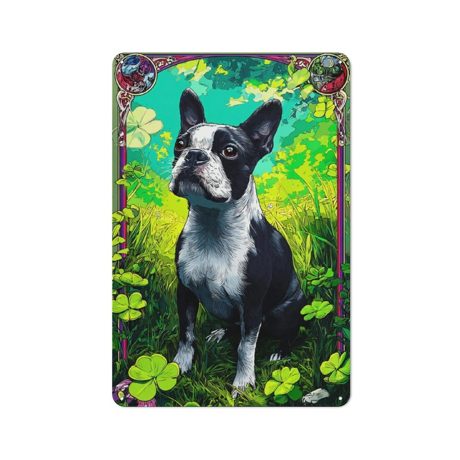 Warehouse Style Tin Wall Sign 30x20cm Featuring Brightly Colored Boston Terrier Portrait, Loft Wall Plaque for Loft, Studio, Office Or Creative Room