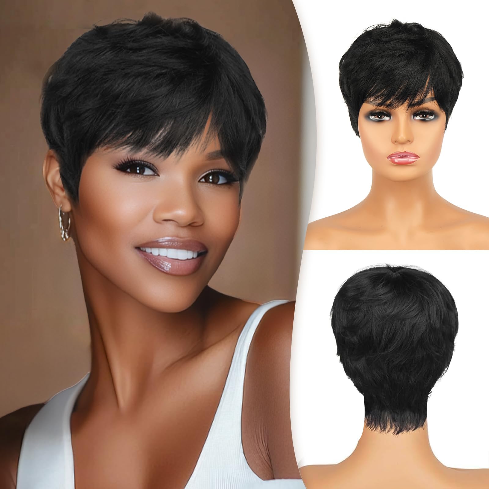 RUWISS Pixie Cut Wig Human Hair Wigs Human Hair Wig with Bangs Natural Short Black Wig Layered Wavy Different Style Short Wigs for Black Women (1B#)