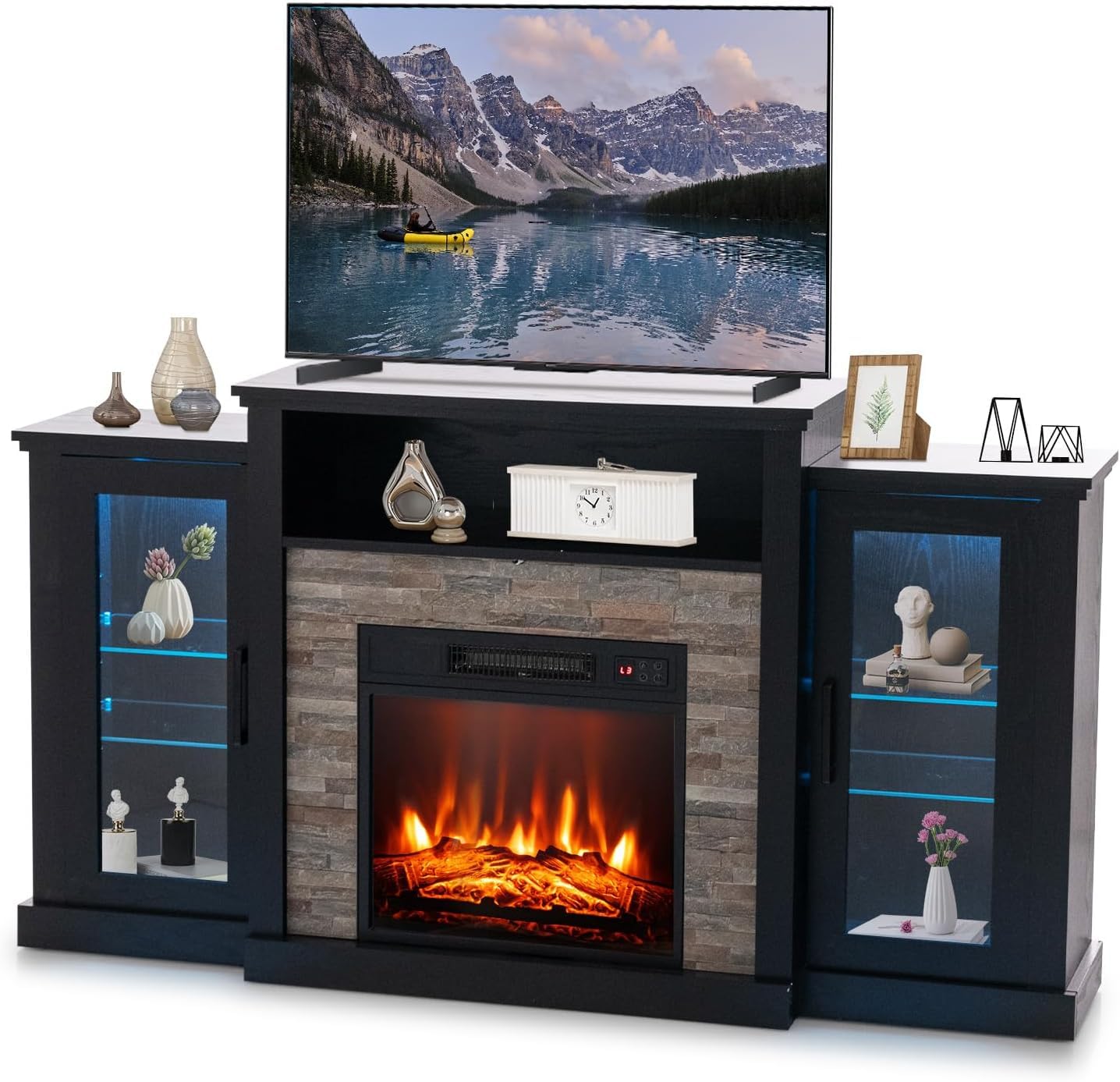 SIMOE LED Electric Fireplace TV Stand for 65 Inch TV Black