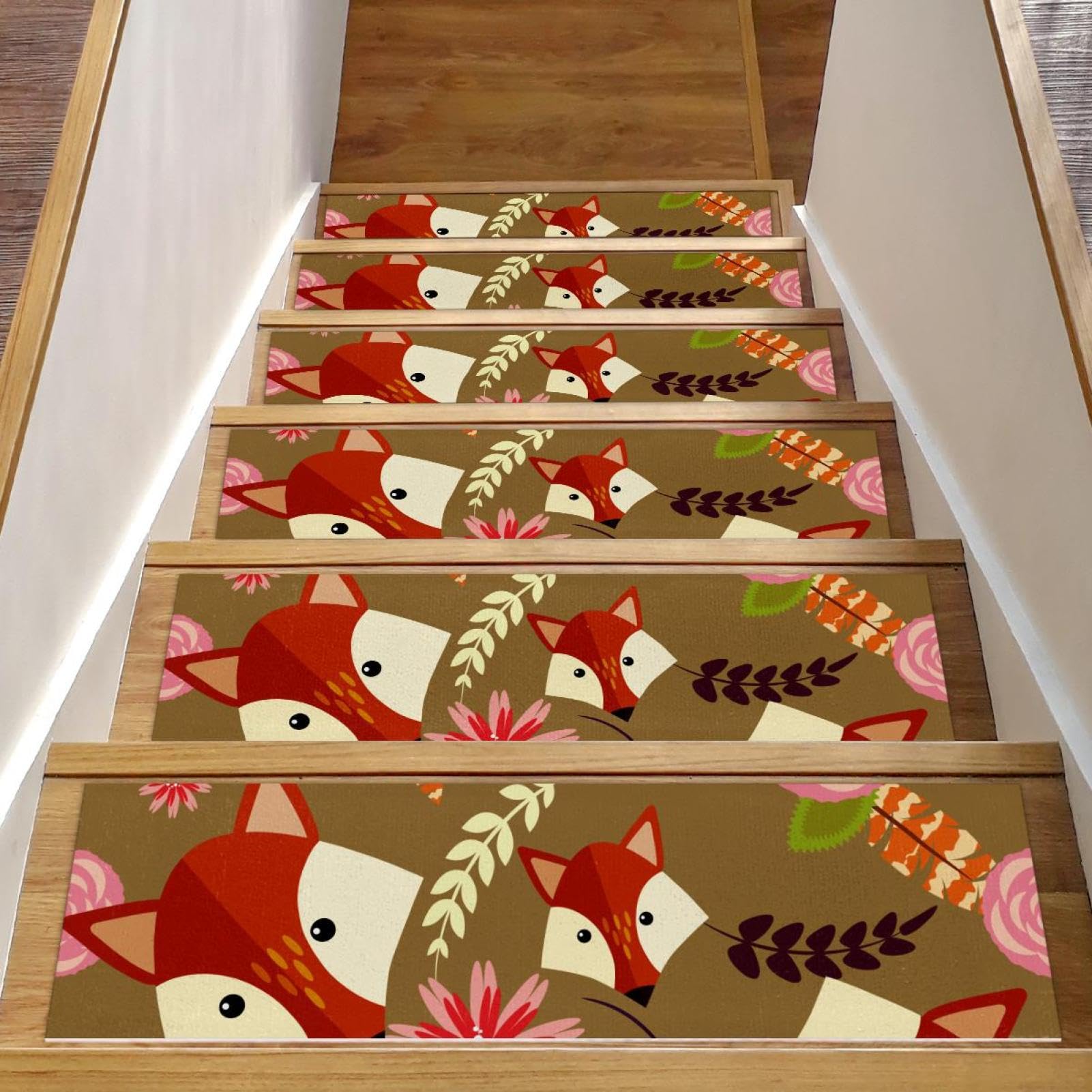 Alfombras de corredor de escalera con agarre firme e infantil de zorro para interior de madera