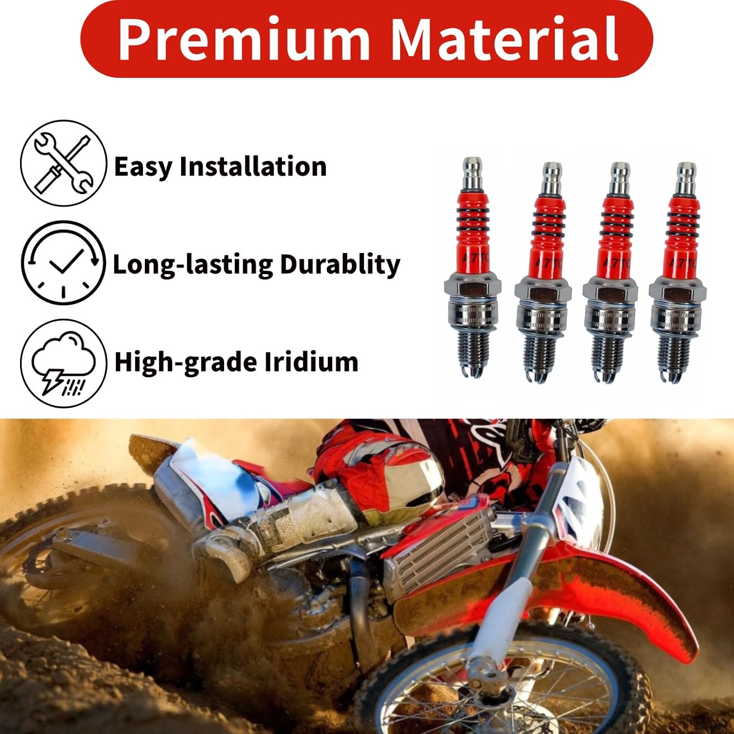 C7HSA A7TC Spark Plug High Performance 3 Electrode Iridium Replacement for GY6 Engine 50cc 70cc 90cc 110cc 125cc Motorcycle, CR7HSA A7RTC CR6HSA C6HSA Spark Plug Dirt Bike Go Kart Scooter ATV 4Pcs