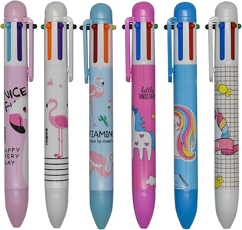 Maydahui 12 bolígrafos multicolores 6 en 1, diseño de flamenco, unicornio, retráctil, 6 colores, para oficina, escuela, estudiantes, suministros