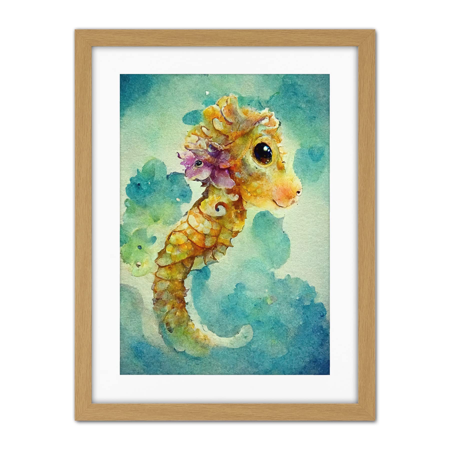 Doppelganger33 LTD Cute Baby Seahorse Kids Bedroom Watercolour Illustration Artwork Framed Wall Art Print 18X24 Inch