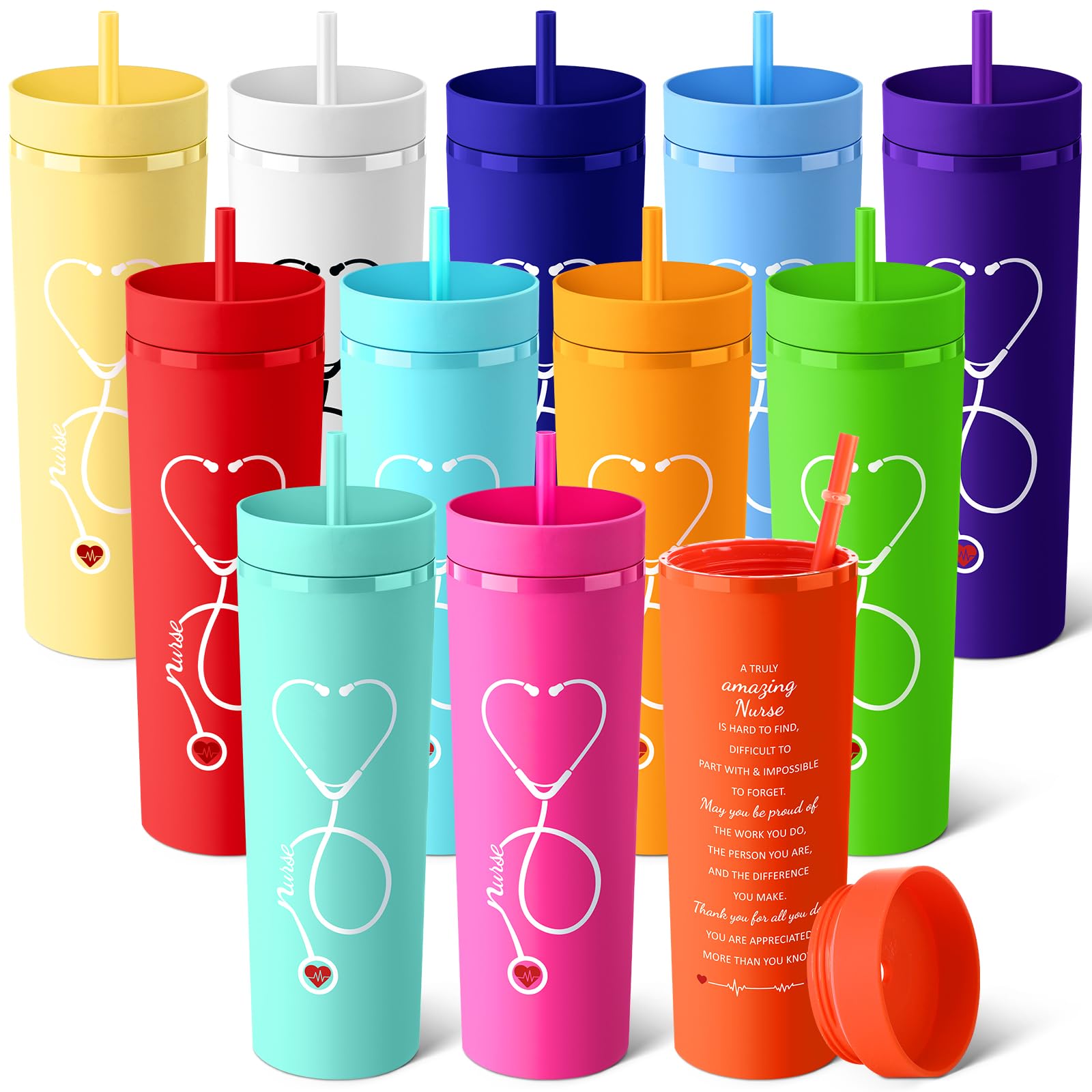 Skylety 12 Pcs Nurse Gifts for Women Plastic Skinny Tumblers with Lid Straw Bulk 16 oz Matte Colorful Double Wall Tumblers Nursing Appreciation Gift