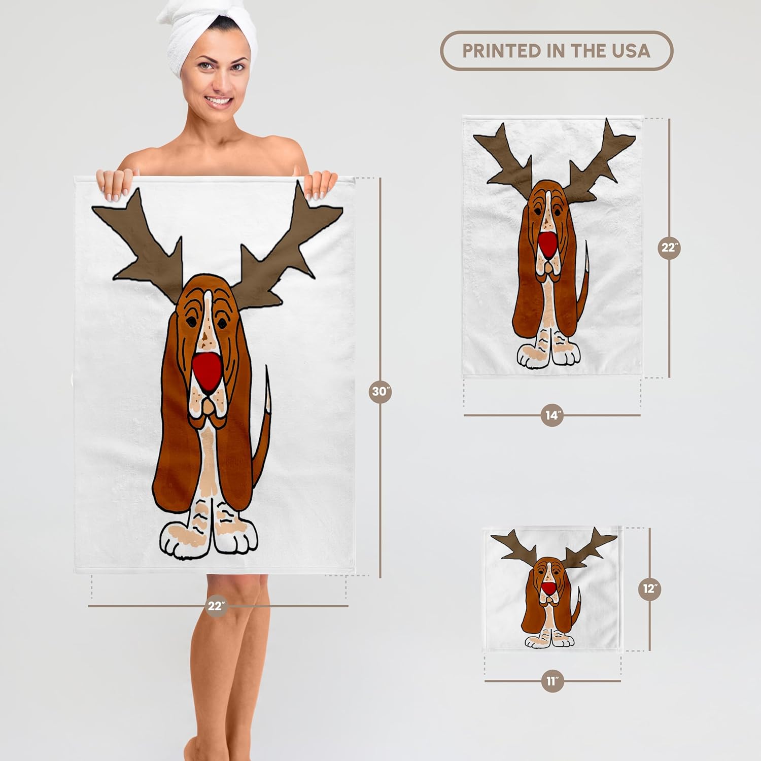 3dRose Funny Christmas Basset Hound Dog as Reindeer 22x30 Bath Hand Pool Towel