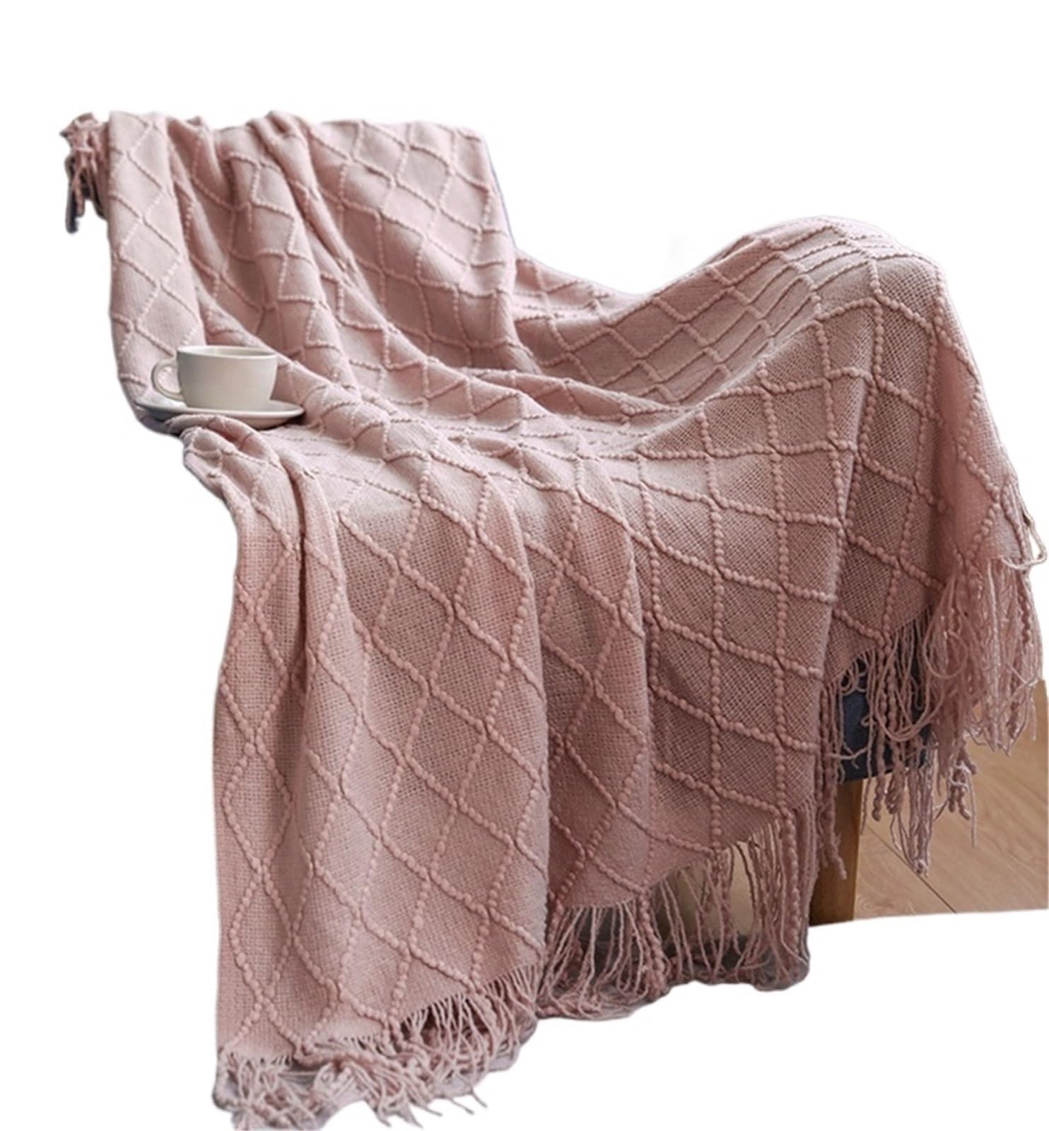 KiddiBubzi Soft Cozy Vintage Textured Knitted Throw Blankets With Tassels Lightweight Decorative Throws Farmhouse Woven Blanket For Adults(Color 4)