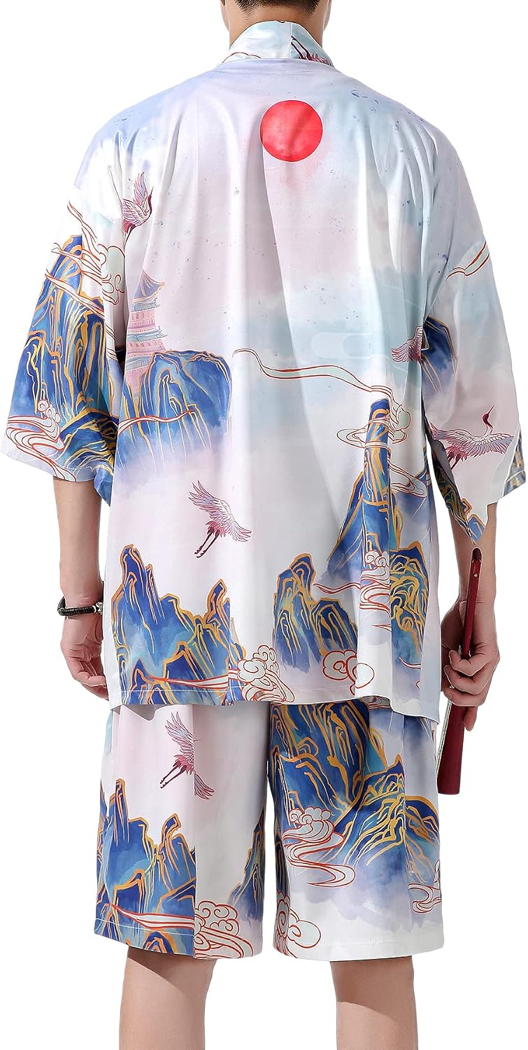 PRIJOUHE Men's Summer Beach Outfits Lightweight Japanese Kimono Robe Set Casual Stylish Vacation 2 Piece Shorts Sets