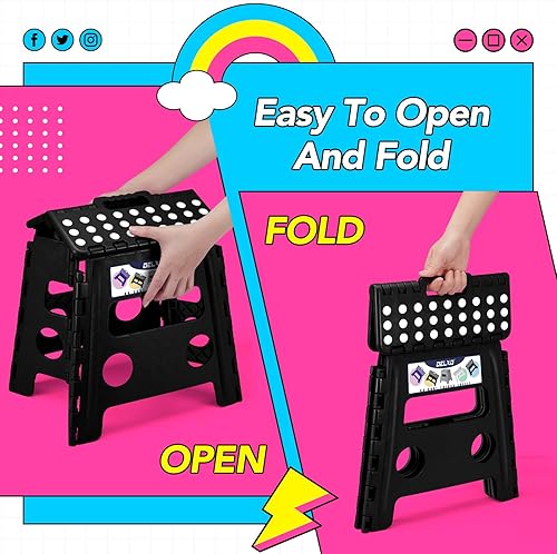 Miniatura 7 de Delxo Taburete plegable de 13 pulgadas, paquete de 2, taburetes plegables antideslizantes negros para niños y adultos de hasta 300 libras, taburete