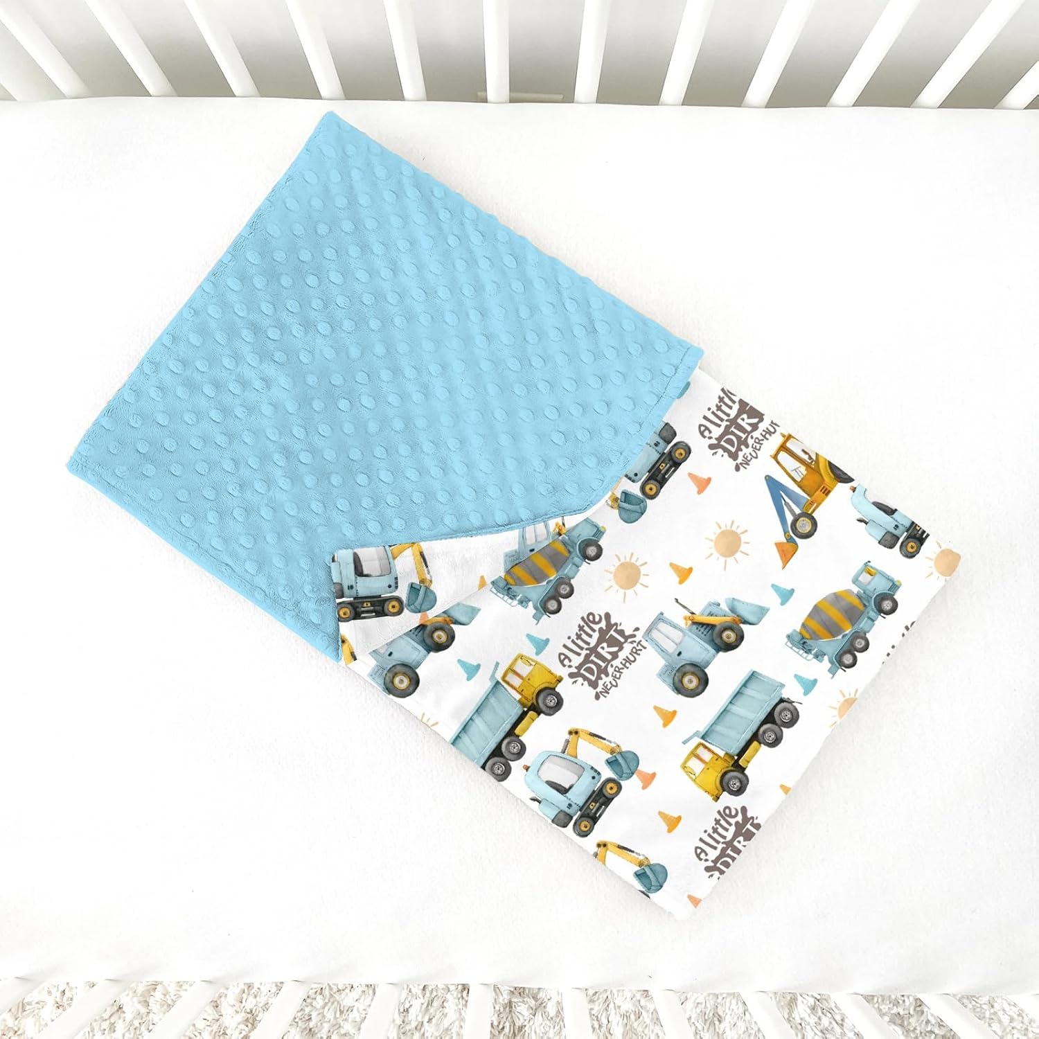 Blue Construction Trucks Baby Blankets for Boys 30" x 40", Soft Double Layer Minky Blanket with Dotted Fleece Back, Nursery Bed Receiving Quilt for Newborn Infant Toddler Shower Gift