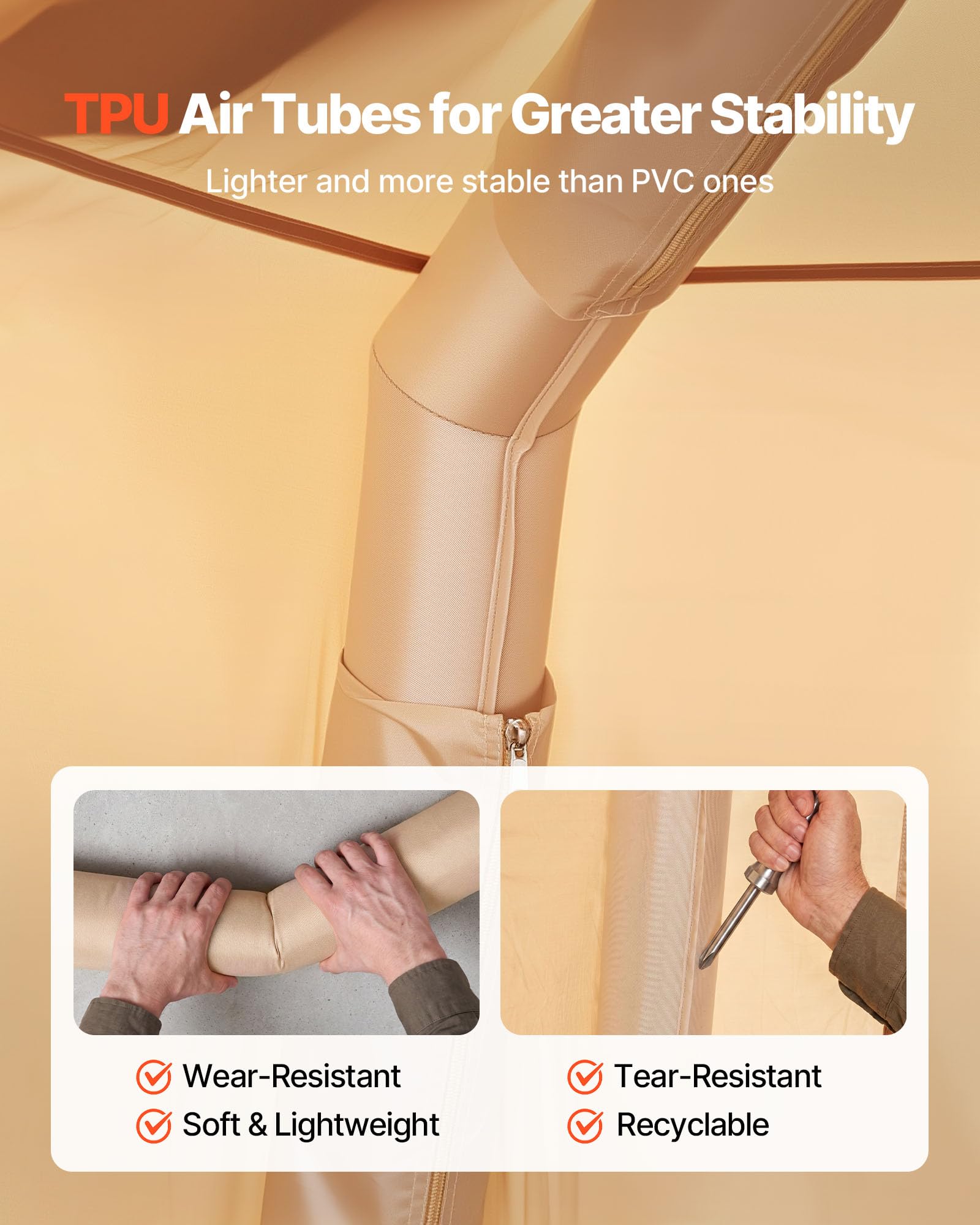 VEVOR Tente Gonflable 6 Personnes Pompe Rechargeable Tente de Camping Beige, pour Randonnée et Pique-niques en Famille, avec Tubes d'Air en TPU, 4 Grandes Fenêtres en Maille, Sac de Transport Portable