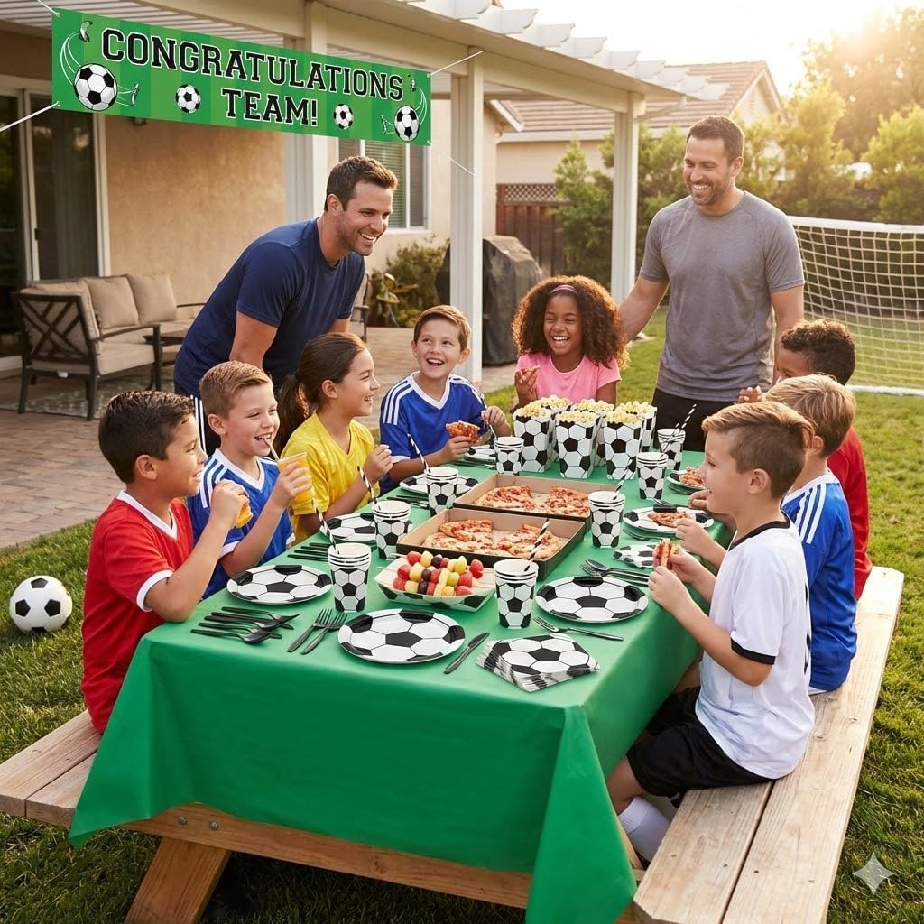 Soccer Party Supplies for 10 – 114 Pcs Set with Dinner & Dessert Plates, Cups, Napkins, Cutlery, Straws, Popcorn Boxes & Snack Trays | Disposable Sports Birthday Party Tableware
