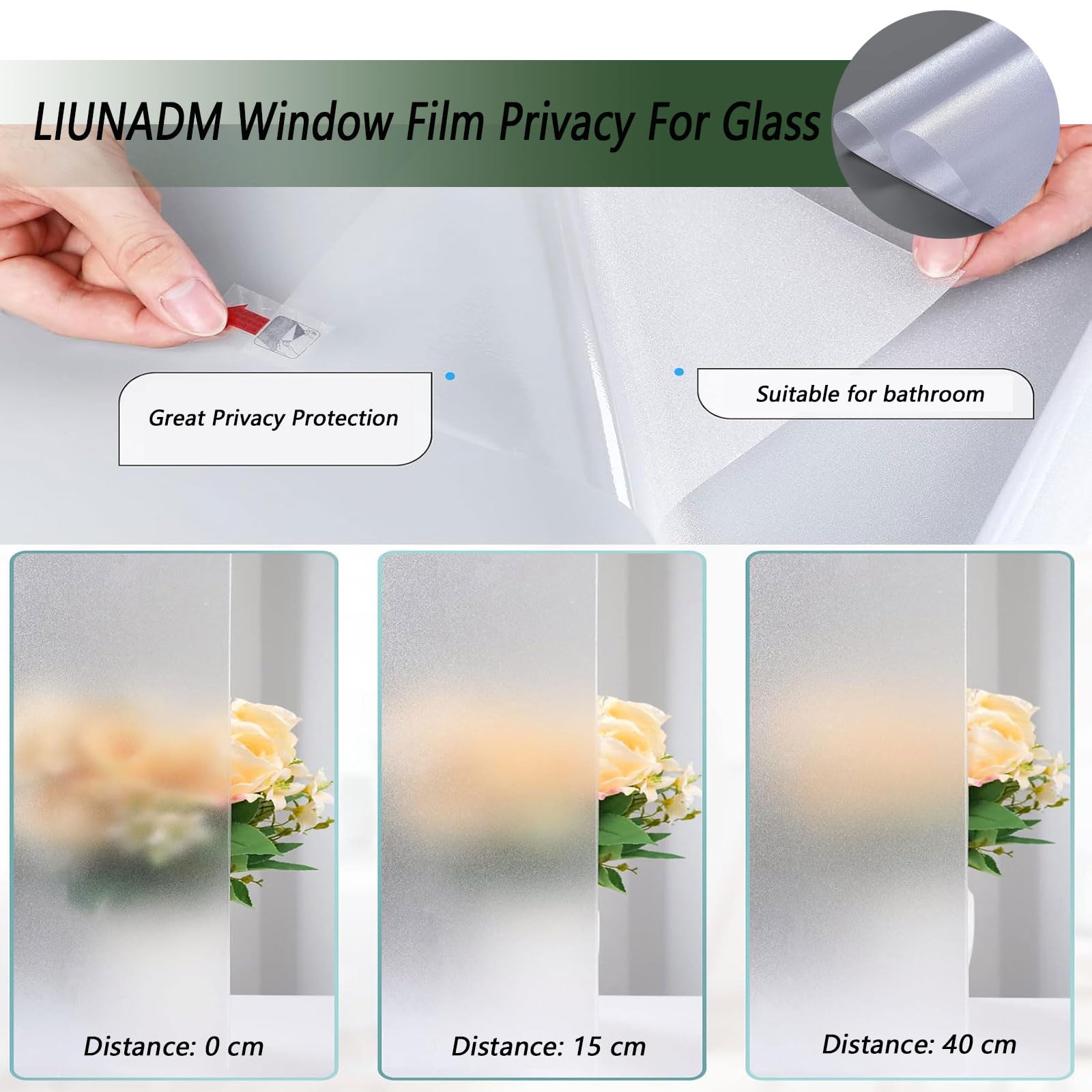 Pellicola Privacy Finestre 100 x 340 cm Statica e Senza Colla, Protezione Termica Pellicola Adesiva per Vetri per Doccia Ufficio Bagno, Chang Hong 2