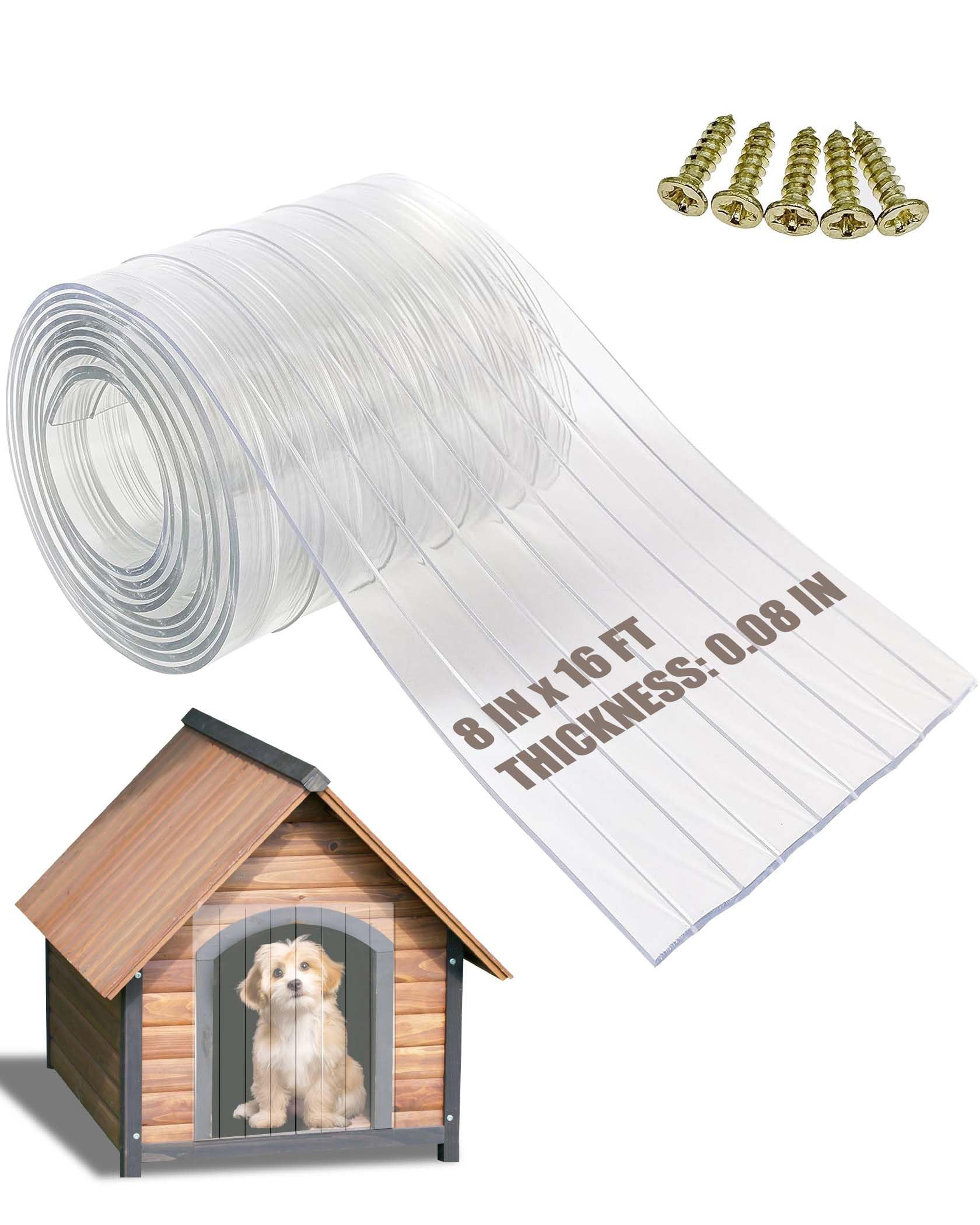 Ezcasch Dog Door Replacement Flap 8'' x 16' Clear PVC Doggie Flaps Customizable Plastic Vinyl Strips Thermal Insulation Thickness 0.08 in with Screws