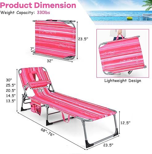 Miniatura 3 de COSTWAY Silla de playa plegable, silla de bronceado con orificio para la cara, respaldo ajustable de 5 posiciones, almohada y bolsillo lateral,