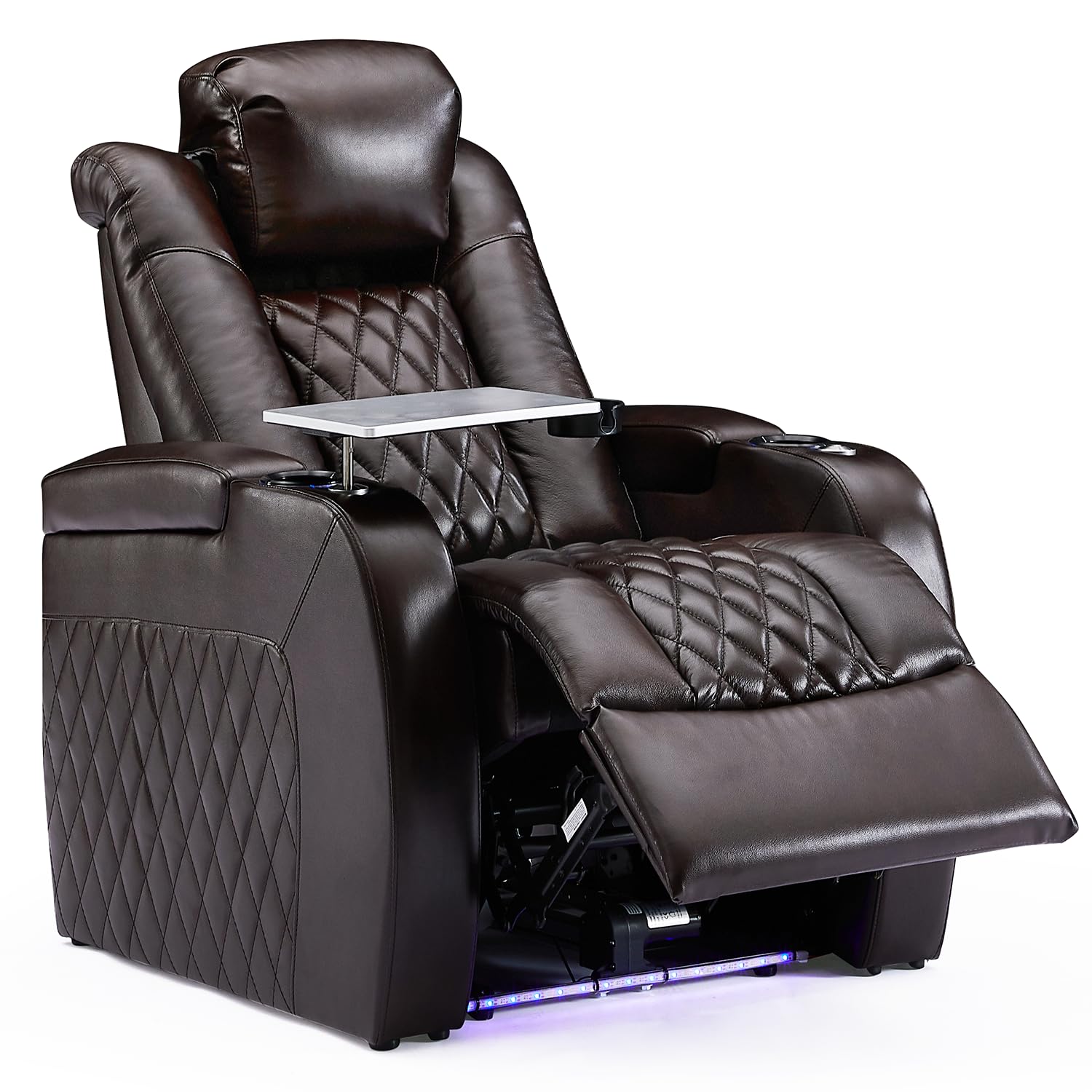 Home Theater Seating Top Grain Leather Recliner Chair Power Headrest and Recline Movie Seats Gaming Sofa with Tray Table Type-C USB Charge Cup Holders Row of 1 Brown