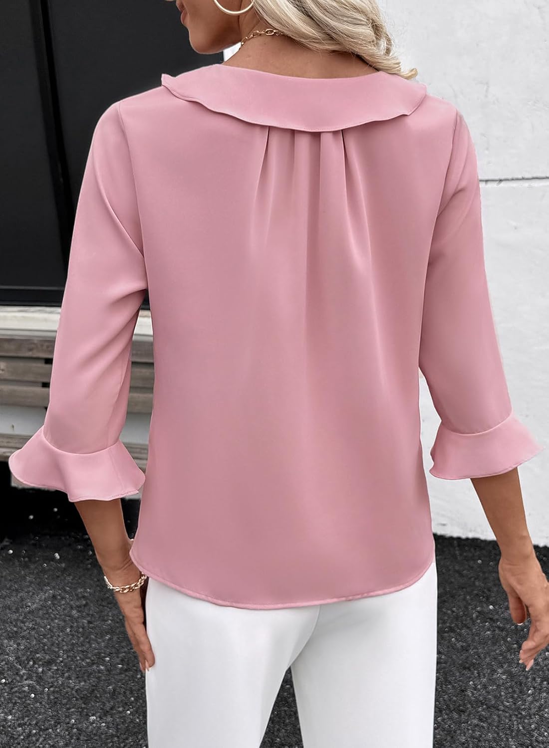 EVALESS Womens Tops Dressy Casual Tie Front Ruffle V Neck 3/4 Sleeve Business Blouses Office Shirts - Image 4