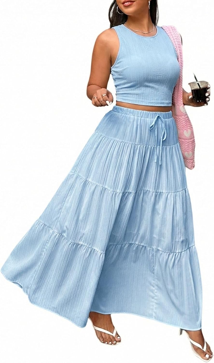 Verdusa Women's Plus Size 2 Piece Outfits Boho Flowly Ruched Crop Tank Top and Ruffle Maxi Skirt Set