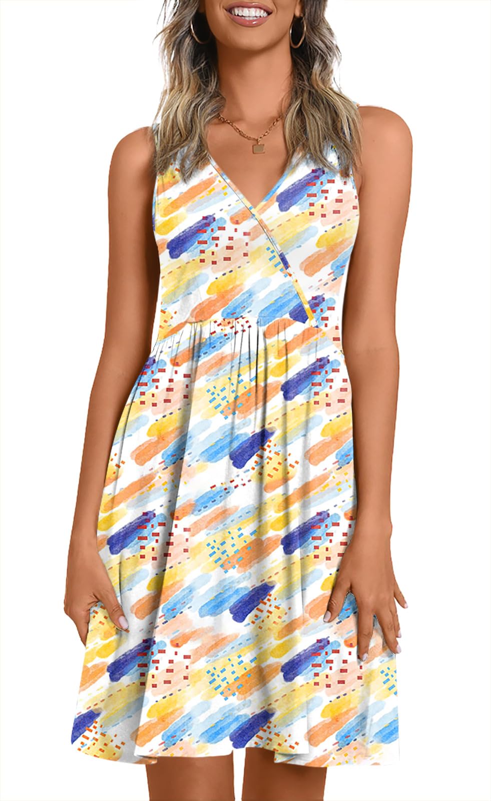 CATHY Women V Neck Sleeveless Dresses with Pockets Summer Sundress S-2XL