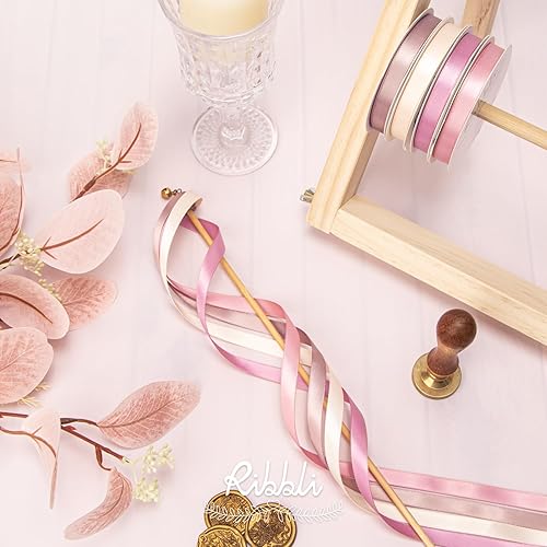 Miniatura 3 de Ribbli 4 rollos de cinta de satén rosa polvorienta de 38 pulgadas x 4 rollos en total de 40 yardas, color rosa champánoro rosamalva rosadacinta